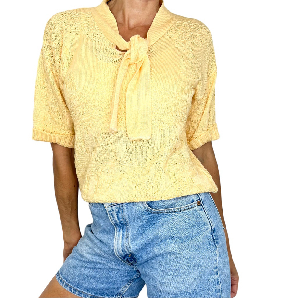 Vintage Billie Jo USA warm yellow short sleeve tie neck sweater